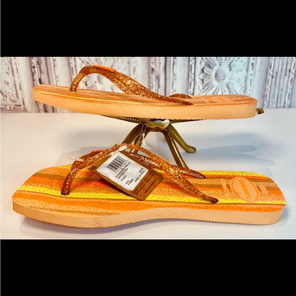 NWT Havaianas Slim Square Folia Flip Flops Glitter Striped Wom 9/10 Peach Orange - Picture 8 of 14